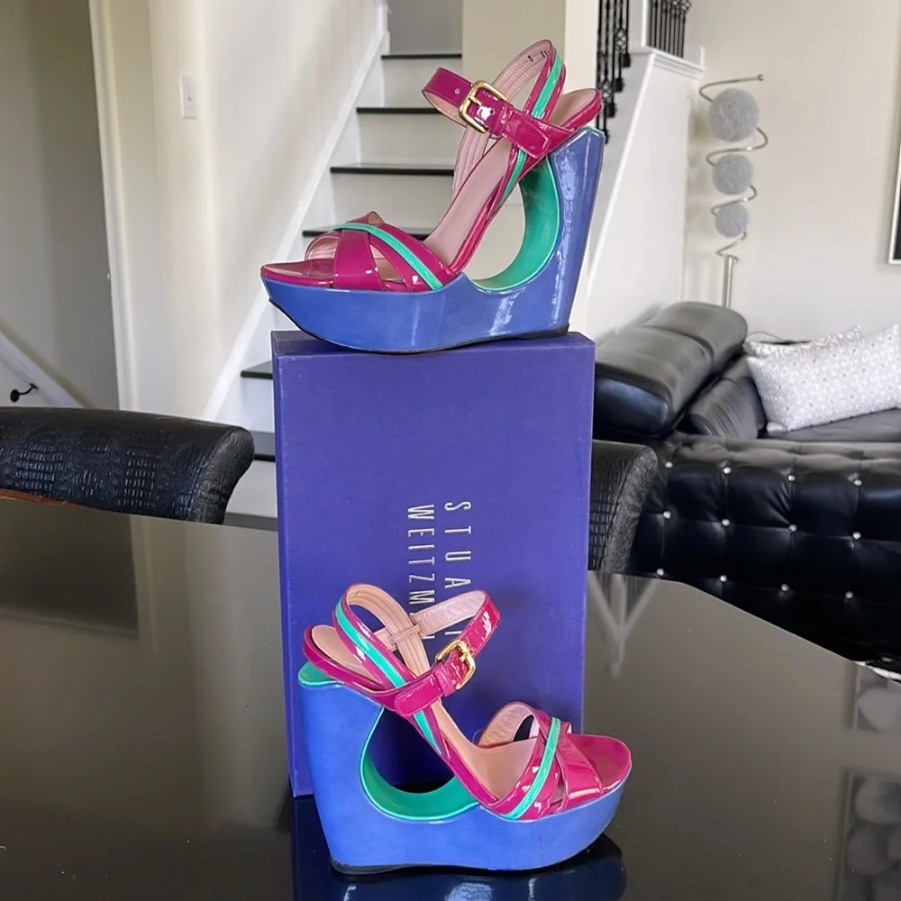 Stuart Weitzman Pink Blue Teal Patent Leather Platform Wedges - Picture 3 of 3
